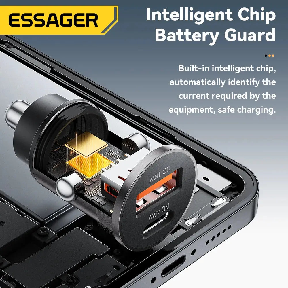 Essager Dual-Port 45W Fast Car Charger – USB-C & QC3.0 for All Devices - JP Auto