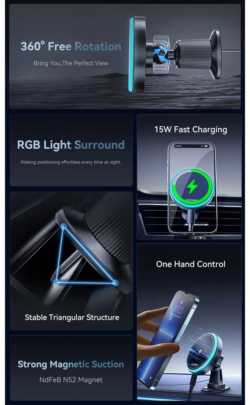 ESSAGER Magnetic Wireless Charger & Phone Holder for Car JP Electronics