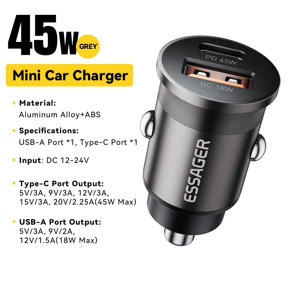 Essager Dual-Port 45W Fast Car Charger – USB-C & QC3.0 for All Devices - JP Auto
