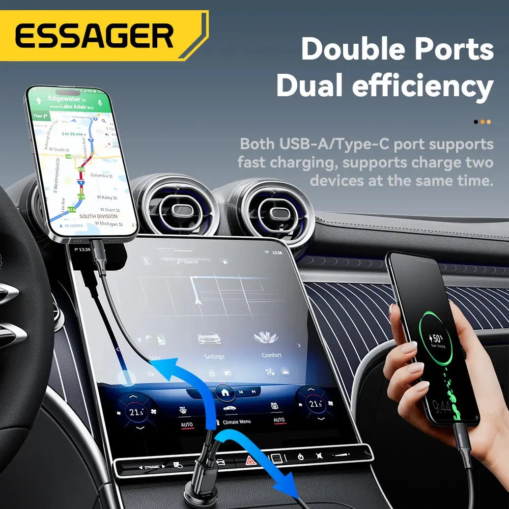 Essager Dual-Port 45W Fast Car Charger – USB-C & QC3.0 for All Devices - JP Auto